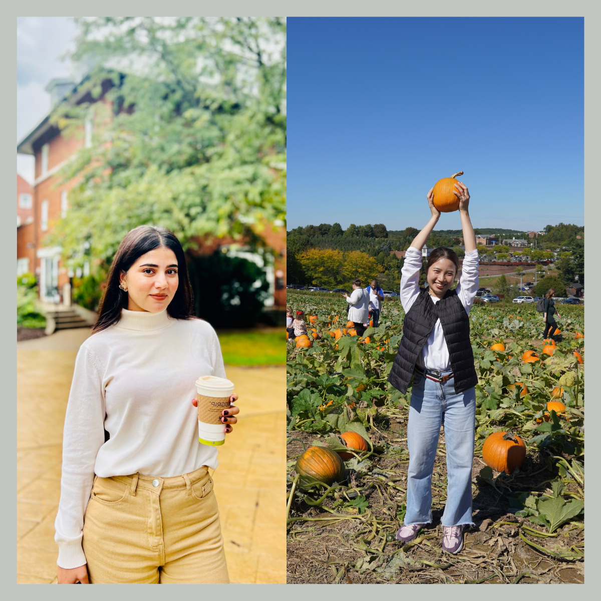 Two photos side by side, a young woman holding a pumpkin in a field and another young woman holding a coffee cup on Shadyside Campus